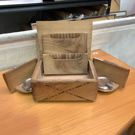 Vintage Art Deco Smokers Box. Inlay detail with copper plaque top. 23 x 14cm H10cm