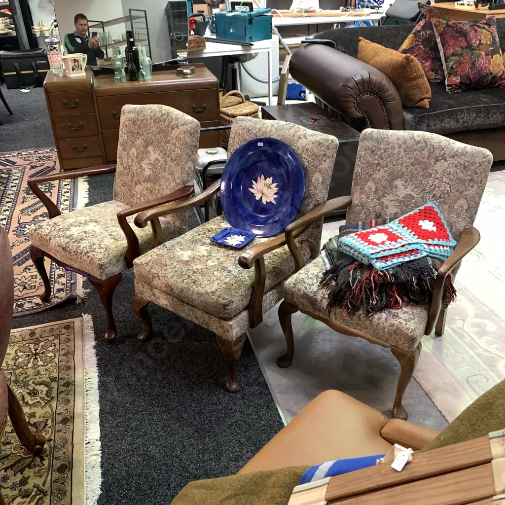 Three Vintage Retro Solid Wood Arm chairs. Tapestry fabric Image 1++