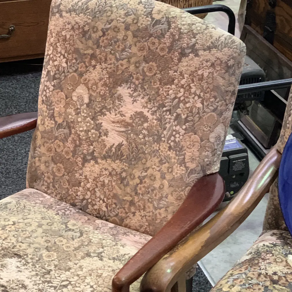 Three Vintage Retro Solid Wood Arm chairs. Tapestry fabric Image 1++