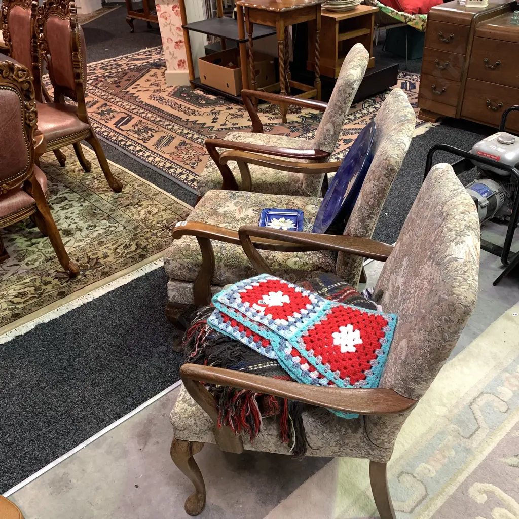 Three Vintage Retro Solid Wood Arm chairs. Tapestry fabric Image 1++