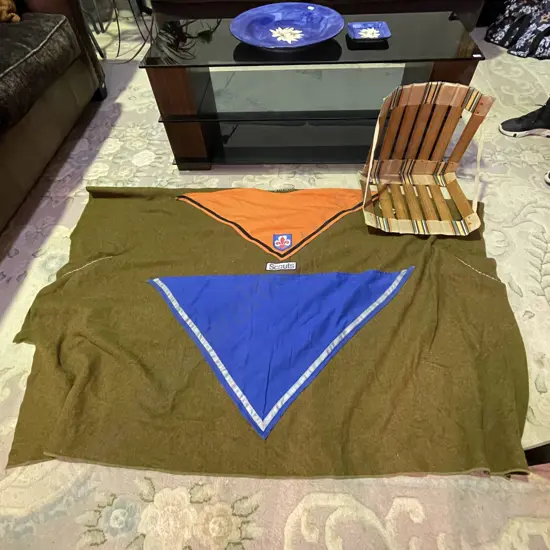Large Vintage Wool Scouts Poncho. Sage Green with Applied patches and Scout insignia with wooden folding seat