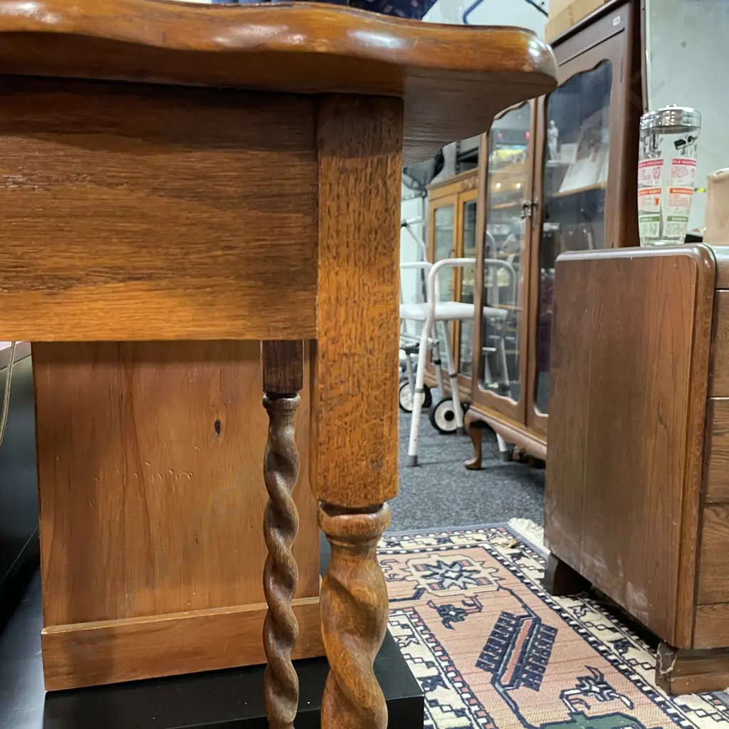 Vintage Solid Oak Side Table. Rope Legs, scalloped top edge. 45 x 45cm H74cm Image 1++