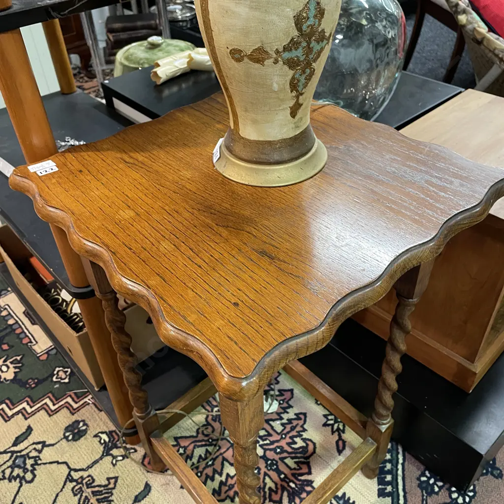 Vintage Solid Oak Side Table. Rope Legs, scalloped top edge. 45 x 45cm H74cm Image 1++