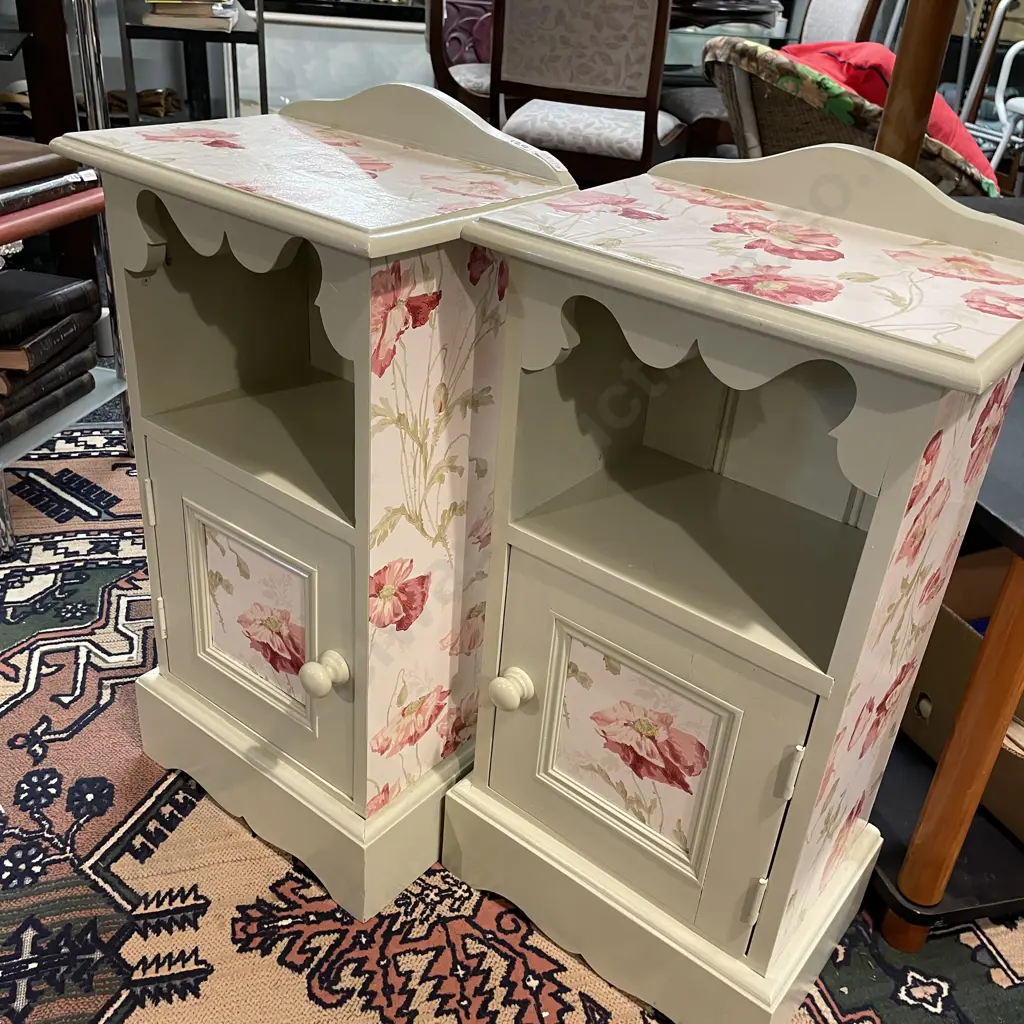 Pr French Country Look Beside Tables with shelf & single cupboard. Pale green painted with floral detail. H75 W39 D26cm Image 1++