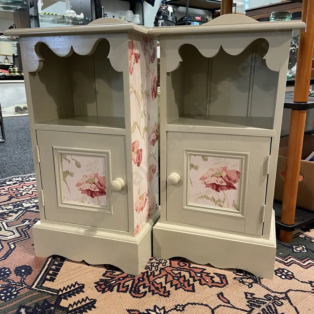 Pr French Country Look Beside Tables with shelf & single cupboard. Pale green painted with floral detail. H75 W39 D26cm Image 1++