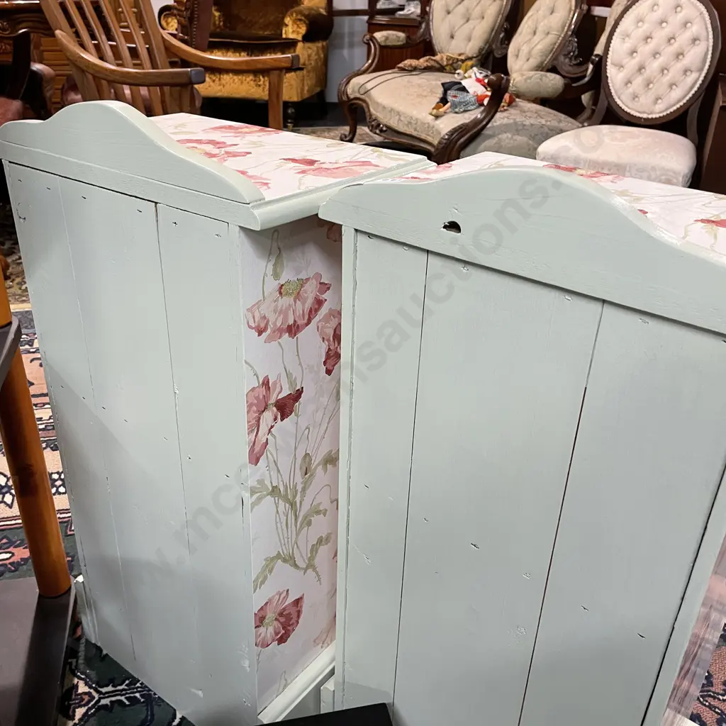 Pr French Country Look Beside Tables with shelf & single cupboard. Pale green painted with floral detail. H75 W39 D26cm Image 1++