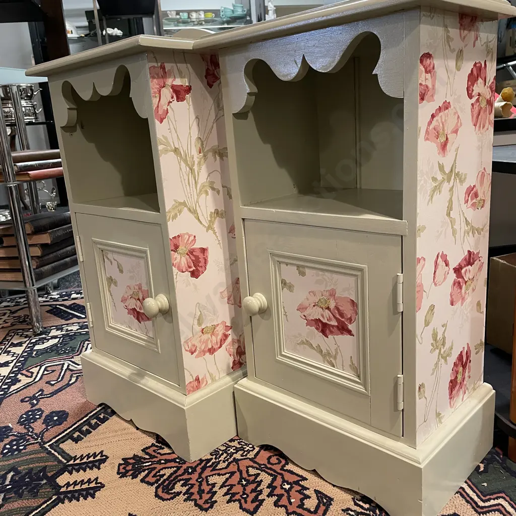 Pr French Country Look Beside Tables with shelf & single cupboard. Pale green painted with floral detail. H75 W39 D26cm Image 1++