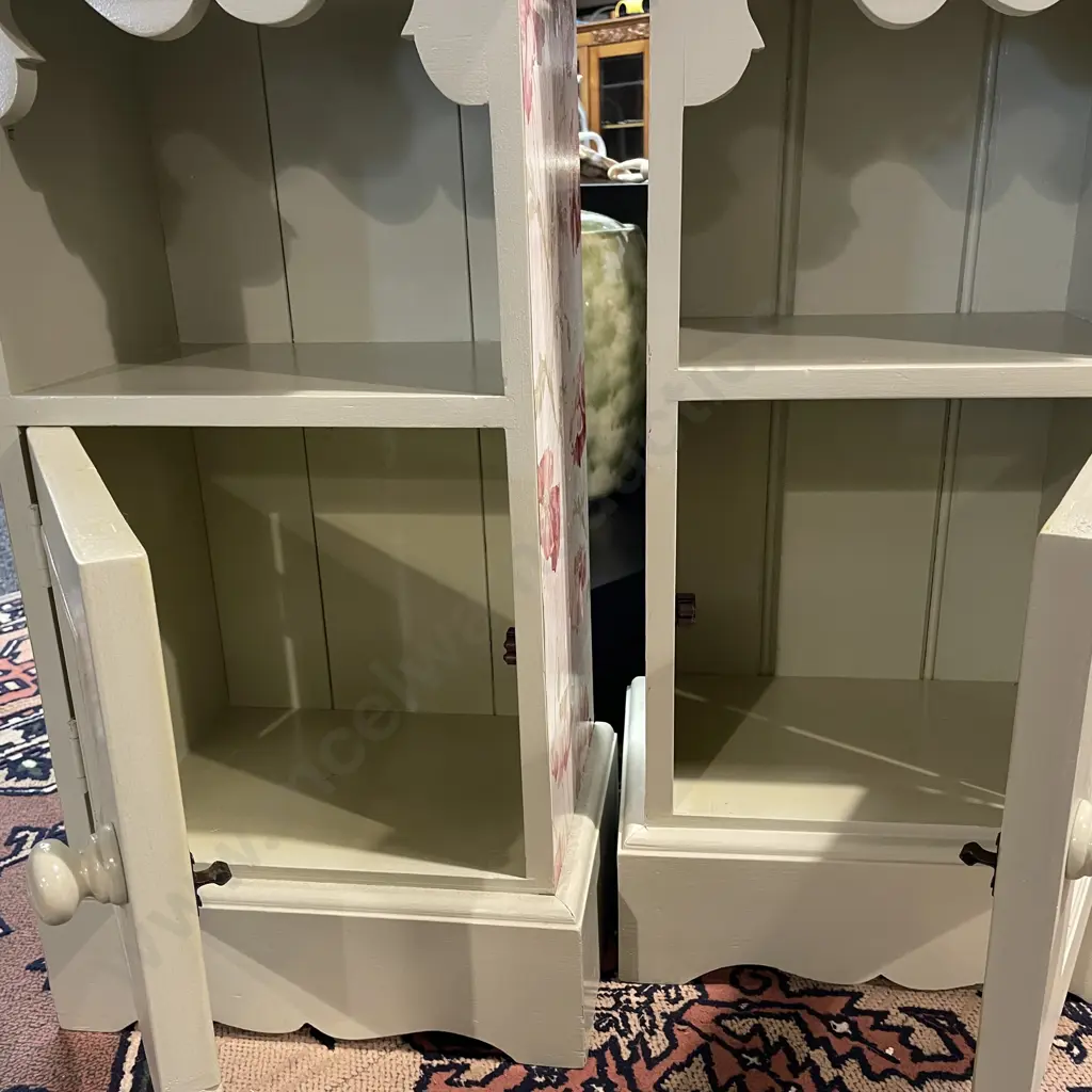 Pr French Country Look Beside Tables with shelf & single cupboard. Pale green painted with floral detail. H75 W39 D26cm Image 1++