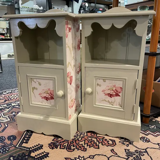 Pr French Country Look Beside Tables with shelf & single cupboard. Pale green painted with floral detail. H75 W39 D26cm
