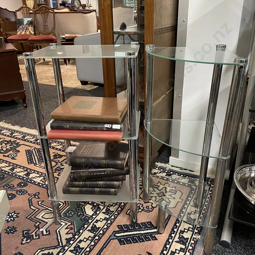 Two Modernist 3 tier tempered glass and chrome shelving units. Corner and rectangular. H78cm Image 1++