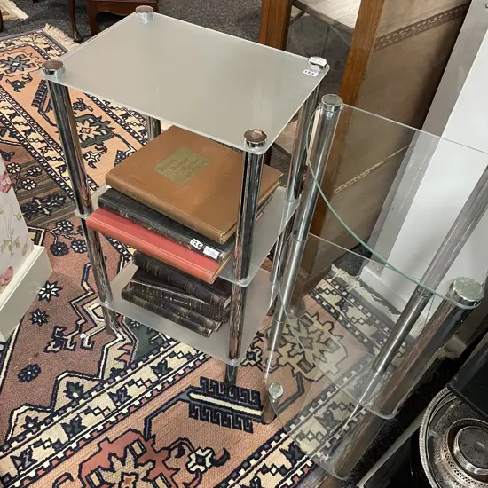 Two Modernist 3 tier tempered glass and chrome shelving units. Corner and rectangular. H78cm