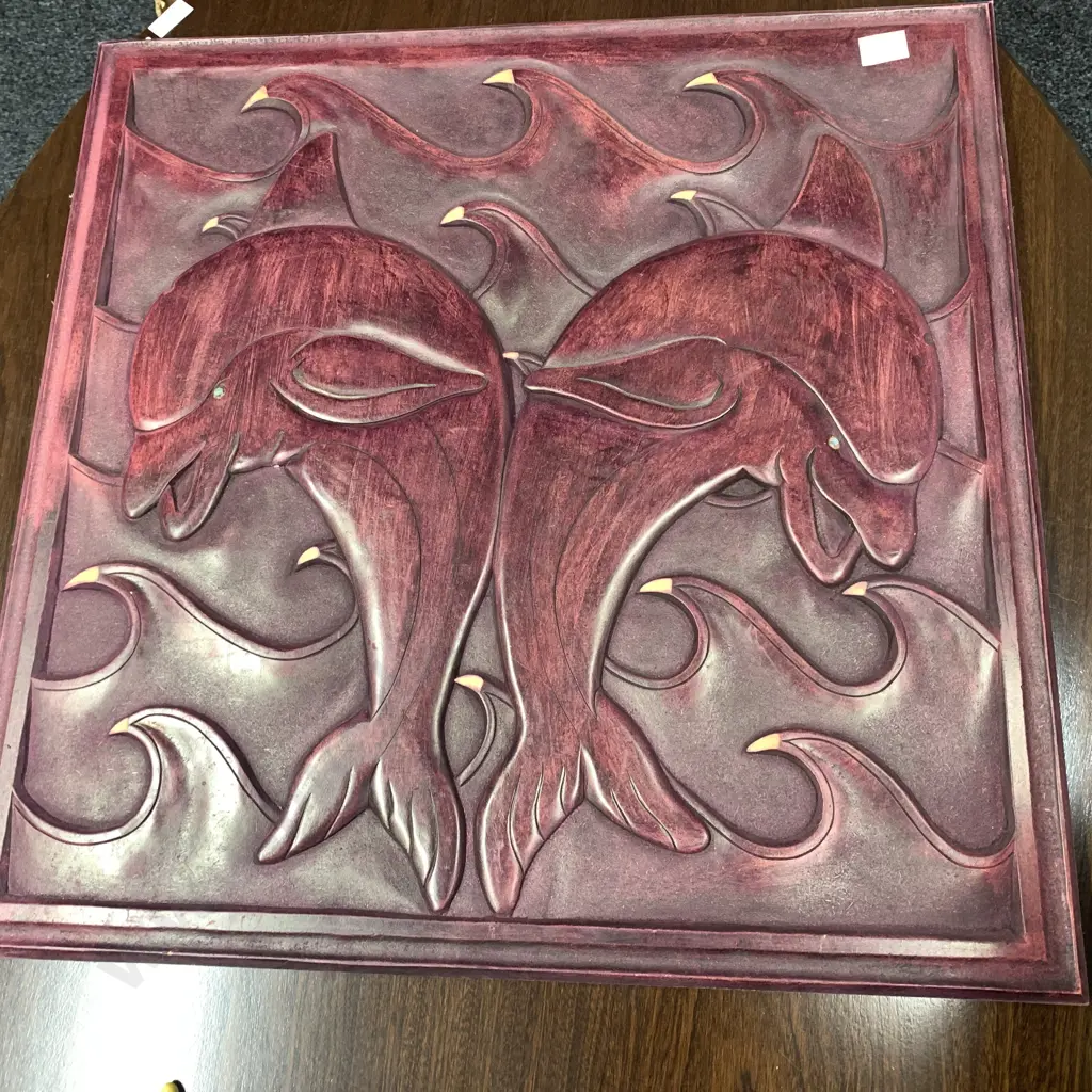 Carved Burgundy Painted Dolphin Wall Plaque, 60x60cm Image 1++