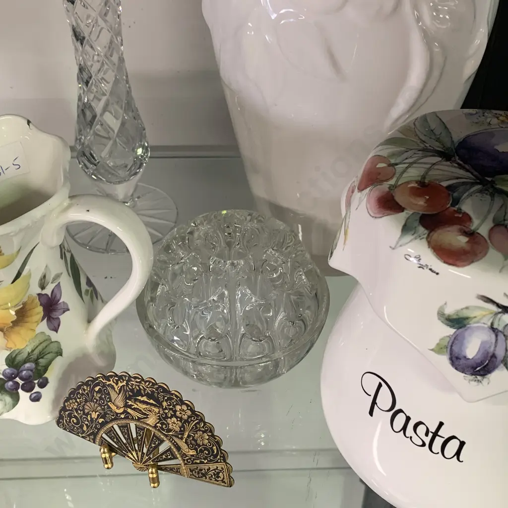Assorted collectable items including handpainted ceramics, crystal, French flower frog and brass fan Image 1++