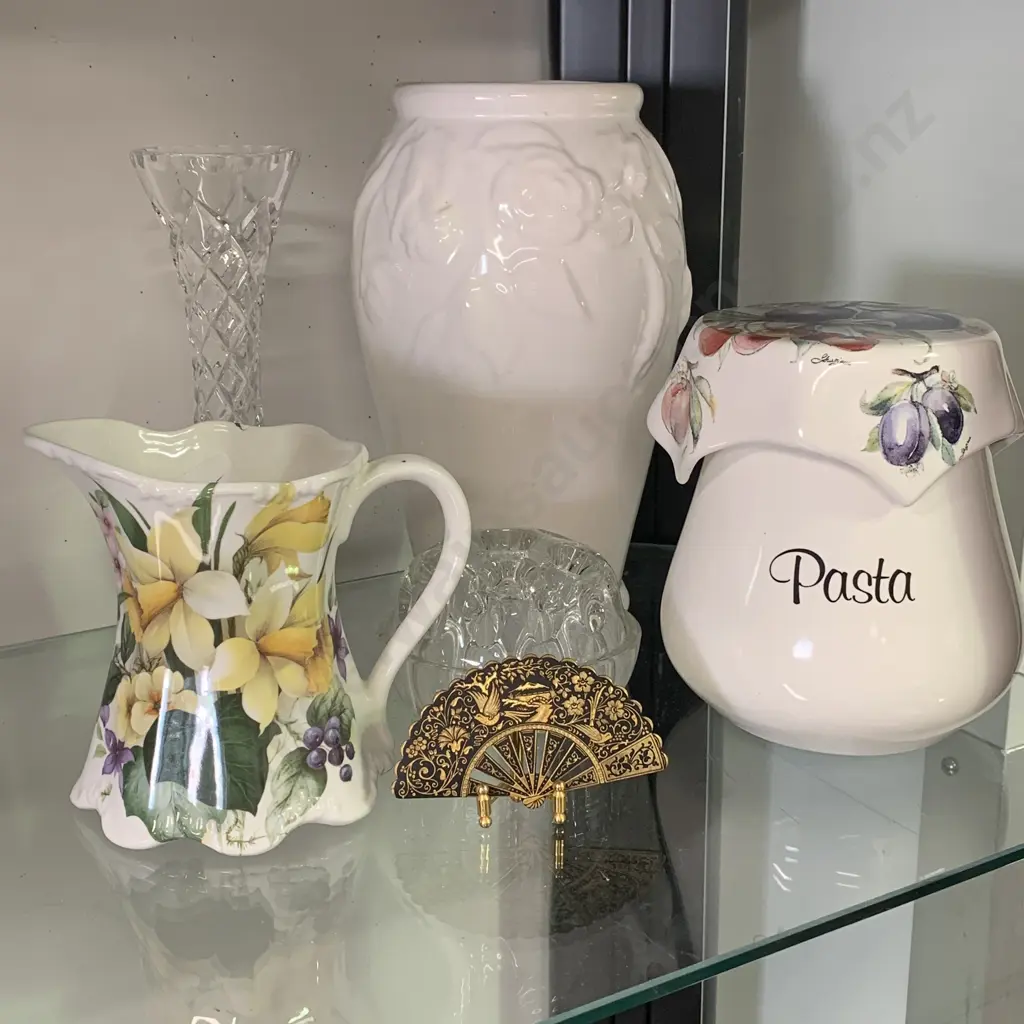 Assorted collectable items including handpainted ceramics, crystal, French flower frog and brass fan Image 1++