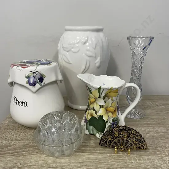 Assorted collectable items including handpainted ceramics, crystal, French flower frog and brass fan
