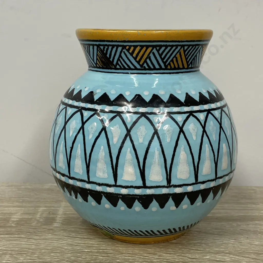 Stunning Gouda Art Pottery Vase. Signed as shown. Teal, white, yellow and black decoration. H14cm Dia13cm Image 1++