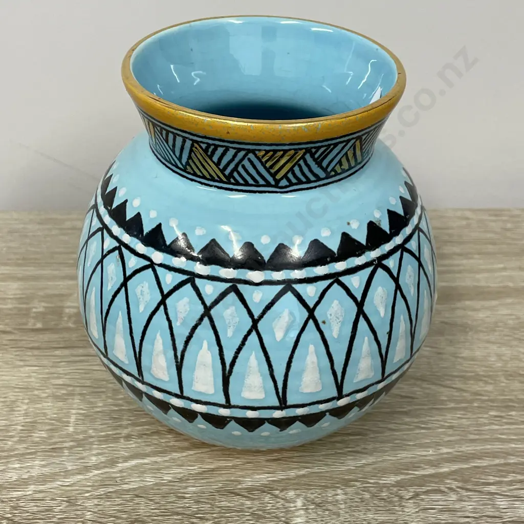 Stunning Gouda Art Pottery Vase. Signed as shown. Teal, white, yellow and black decoration. H14cm Dia13cm Image 1++