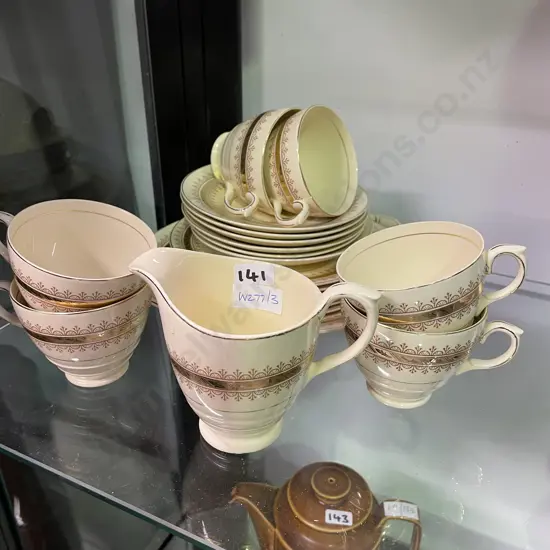 New Hall Hanley Teaset. Cake Plate, jug and 6 trios. Gilded decoration