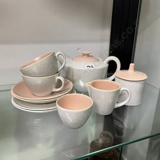 Poole Teaset. Teapot, 2 x trios, milk jug, sugar bowl plus lidded jam pot