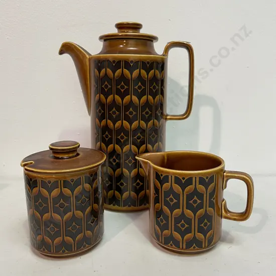 Hornsea Heirloom 3 Piece Coffee Set. Coffee pot, milk/cream jug and lidded sugar (small chip to underside rim of jug)