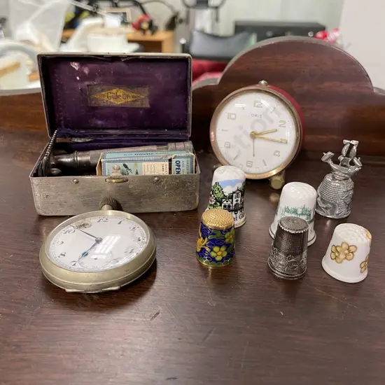 Vintage Oris Swiss Alarm Clock with Swiss Pocket watch (af) with Vintage Boxed Gillette Razor with