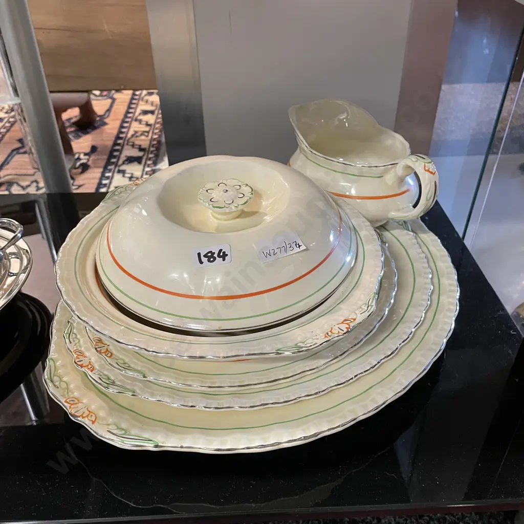 Grindley Art Deco set of 3 platters, lidded tureen and gravy jug Image 1++