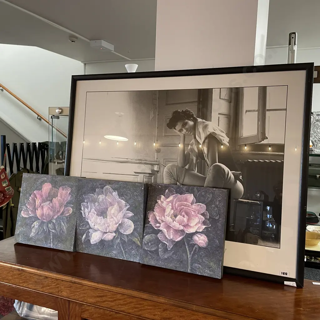 Framed Christian Femmes Coigny Black and White artwork with 3 floral Block artworks Image 1++