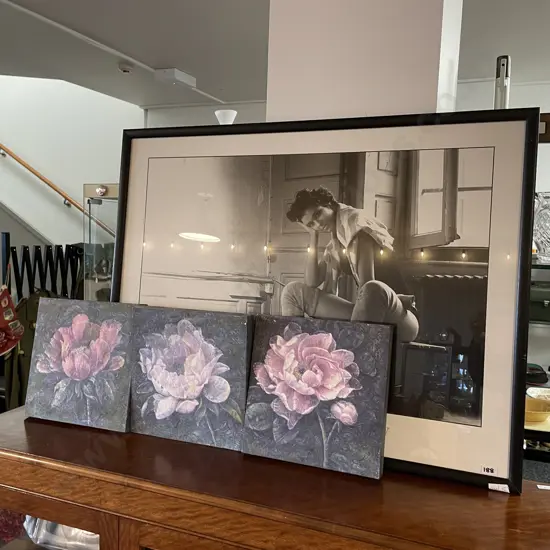 Framed Christian Femmes Coigny Black and White artwork with 3 floral Block artworks