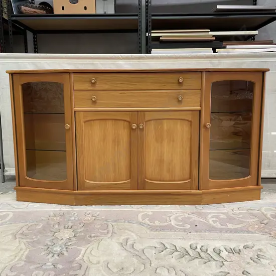 Danske Mobler Sideboard/Buffet. 4 Door with 2 glass fronts, 2 Drawer with 1 felt lined cutlery. Internal Glass shelves