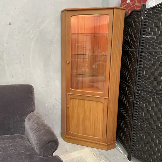 Danske Mobler 2 Door Corner Display Cabinet, 3 internal Glass shelves with Wooden internal shelf in lower cabinet