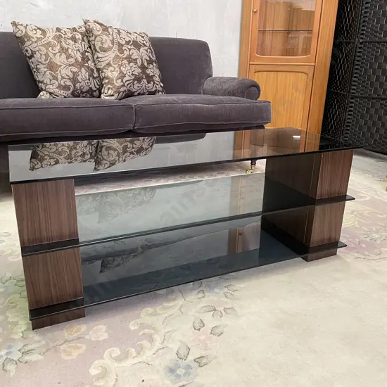 3 Tier Modernist Glass Coffee Table, Smoke Glass. W120 H48 D43cm