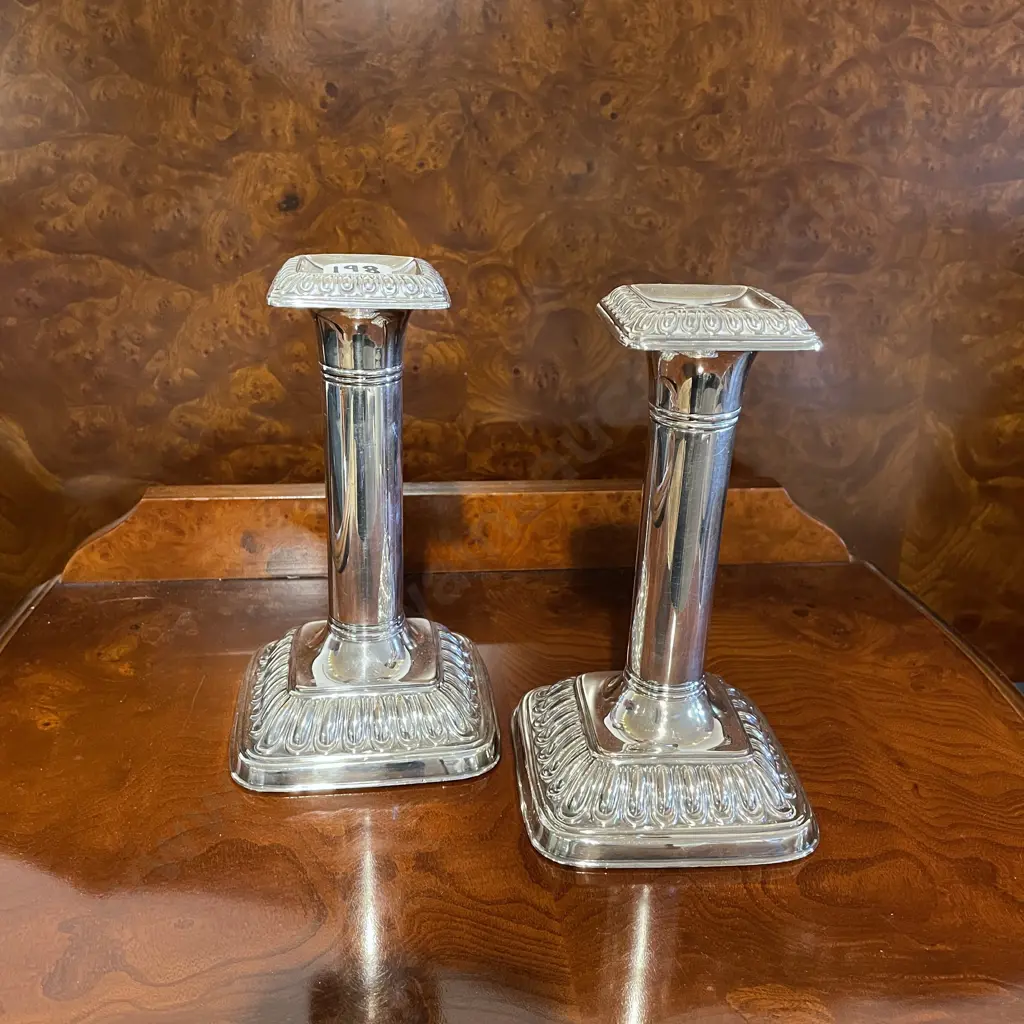 Pair of Stunning Pillar Style Silver Candlesticks. Internally weighted. H19cm Image 1++