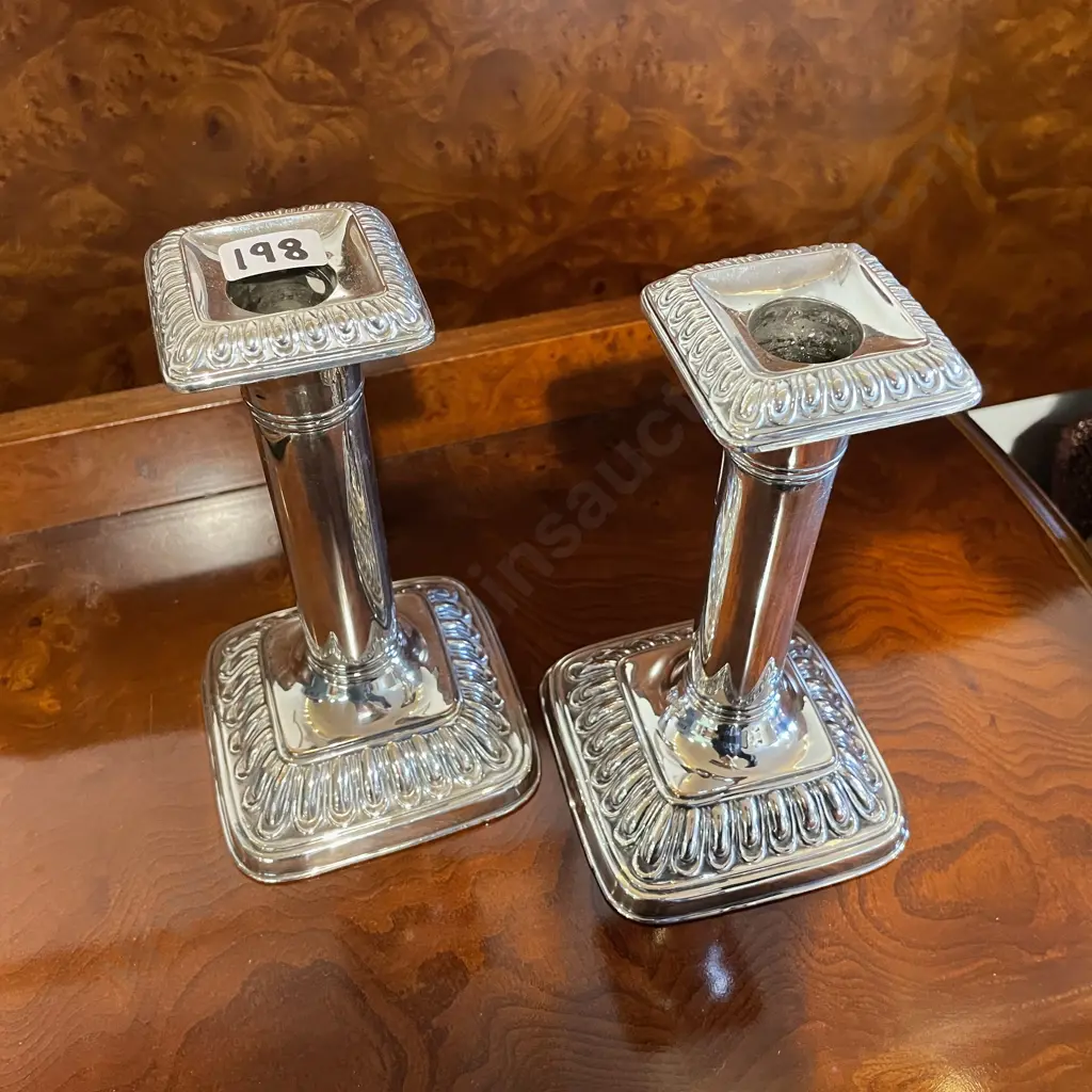 Pair of Stunning Pillar Style Silver Candlesticks. Internally weighted. H19cm Image 1++