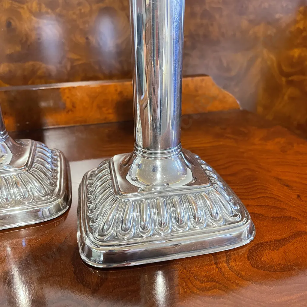Pair of Stunning Pillar Style Silver Candlesticks. Internally weighted. H19cm Image 1++