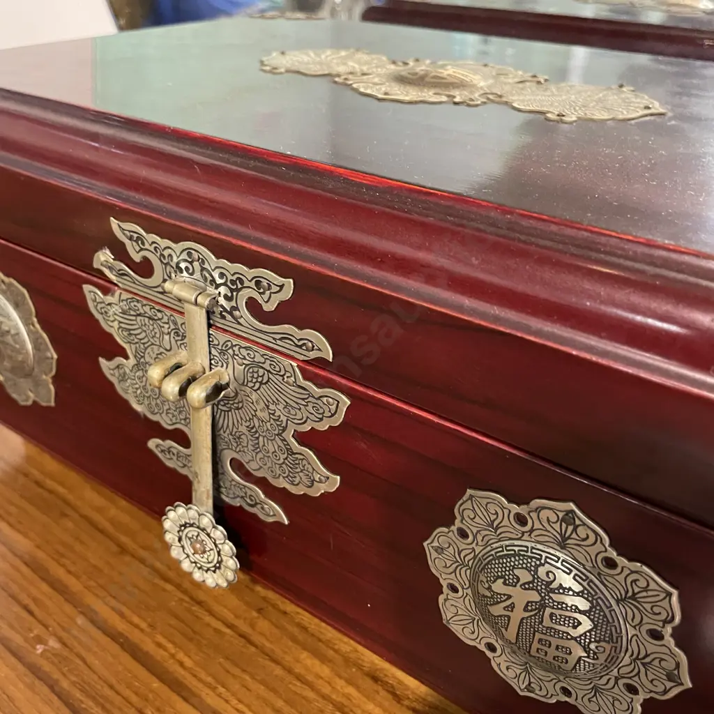 Wooden Oriental Jewellery Box, Highly Glazed Rosewood? with Ornate Applied Detail Image 1++