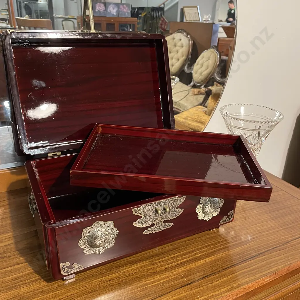 Wooden Oriental Jewellery Box, Highly Glazed Rosewood? with Ornate Applied Detail Image 1++