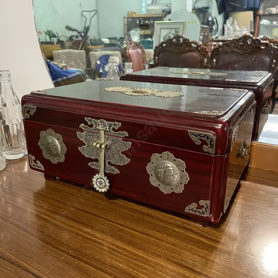 Wooden Oriental Jewellery Box, Highly Glazed Rosewood? with Ornate Applied Detail