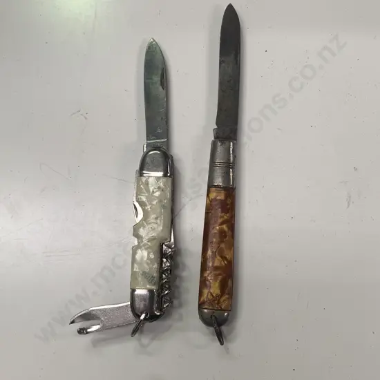 Pair of Vintage Pearl Handled Utility Pocket Knives, Stag Ireland and Richards England