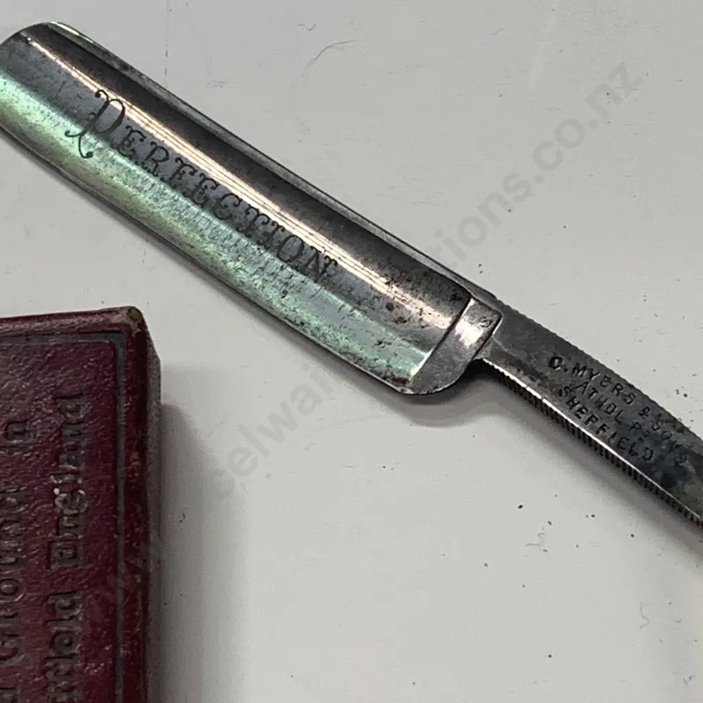 Vintage C Myers and Sons Sheffied England Bone Handled Shaving Straight Razor Blade with Leather Case Image 1++