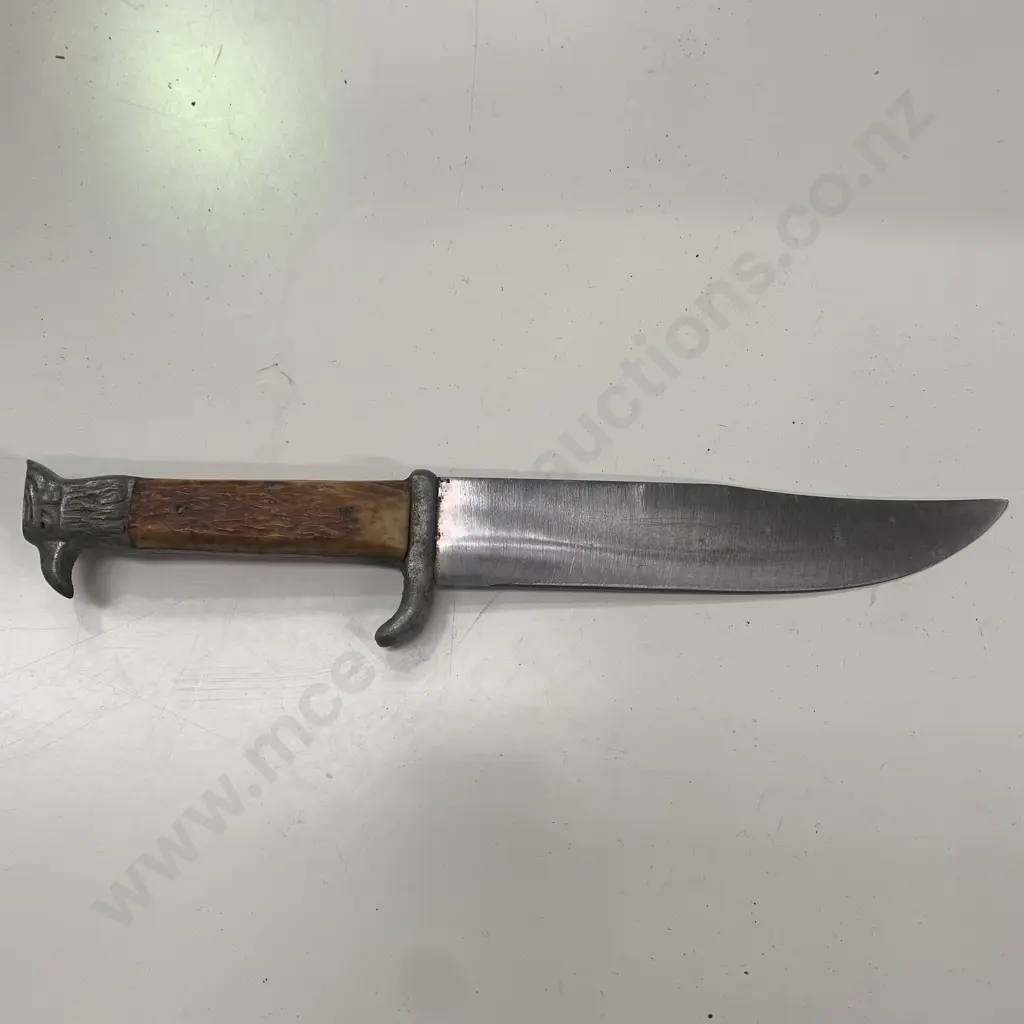 Stag Handled Knife with Eagle Head, Carving of Dear Hunt on Stainless Steel Blade Image 1++