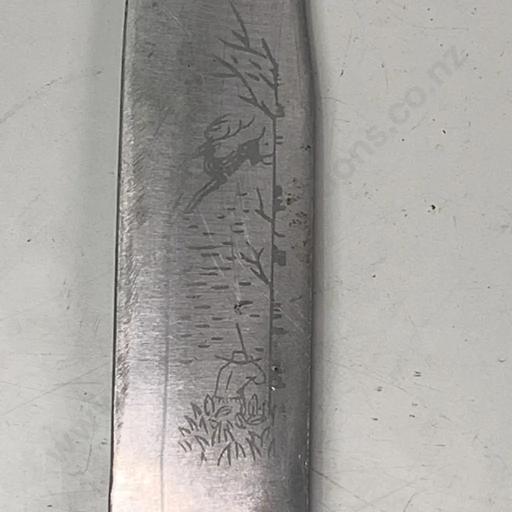 Stag Handled Knife with Eagle Head, Carving of Dear Hunt on Stainless Steel Blade Image 1++