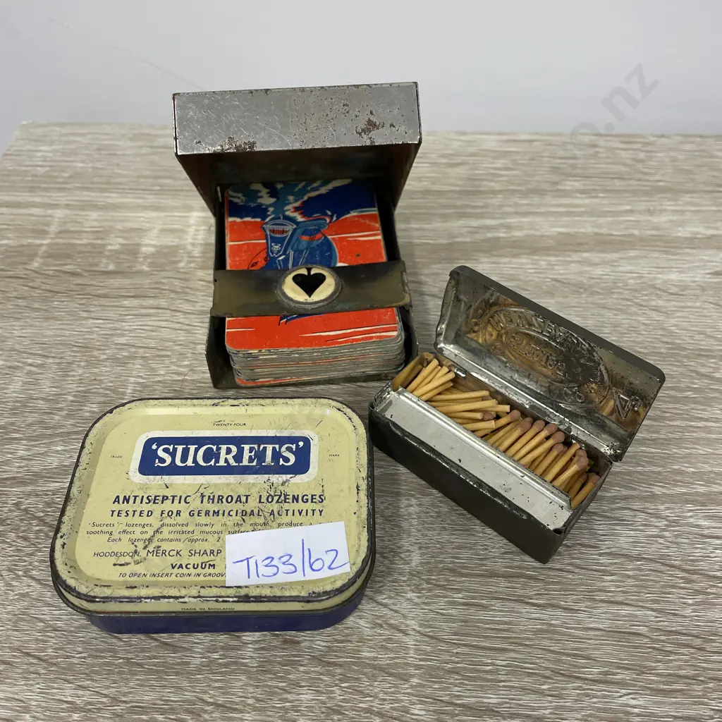 Antique Silver Card Case with cards, Vintage Secret's Tin and R. Bell and Co Match Tin with matches Image 1++
