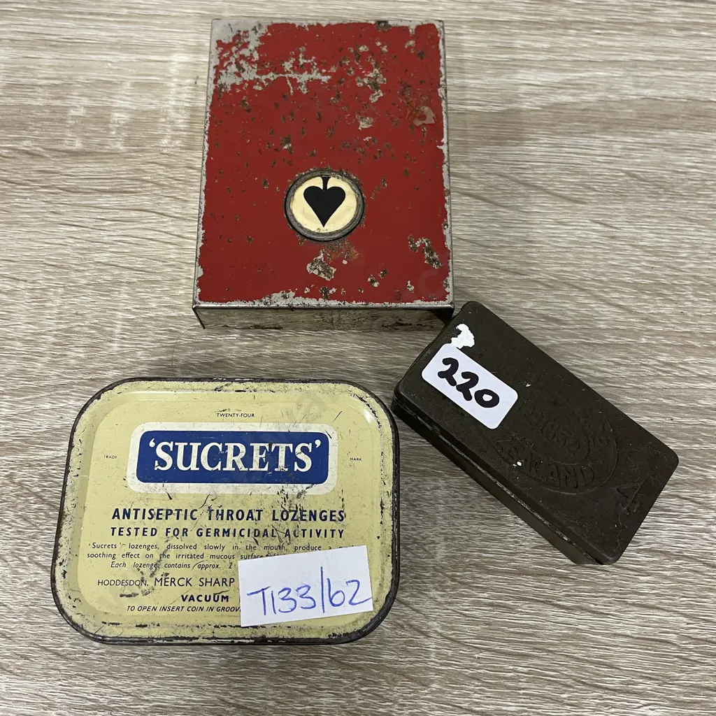Antique Silver Card Case with cards, Vintage Secret's Tin and R. Bell and Co Match Tin with matches Image 1++