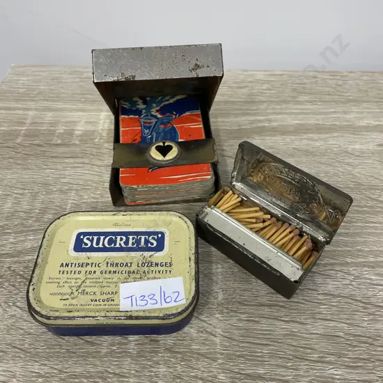 Antique Silver Card Case with cards, Vintage Secret's Tin and R. Bell and Co Match Tin with matches