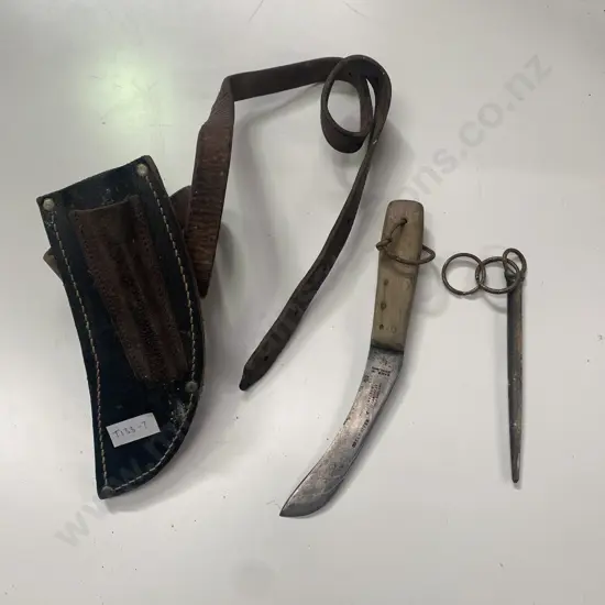 Curved Vintage Knife on leather belt with GreenRiver Sheffield England imprinted on blade. Comes with Picket Pin