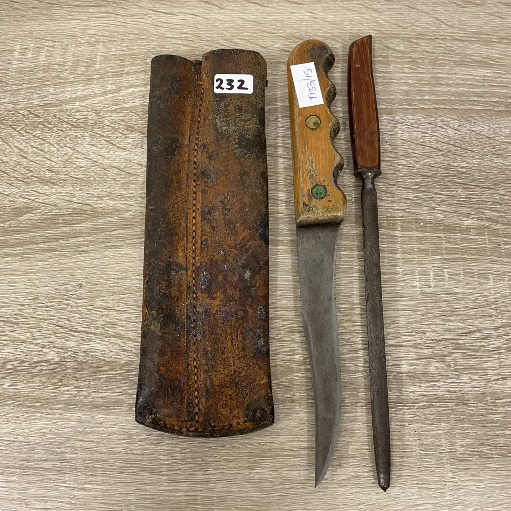Vintage Knife with sharpener in dual leather sheath Image 1++