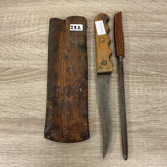 Vintage Knife with sharpener in dual leather sheath