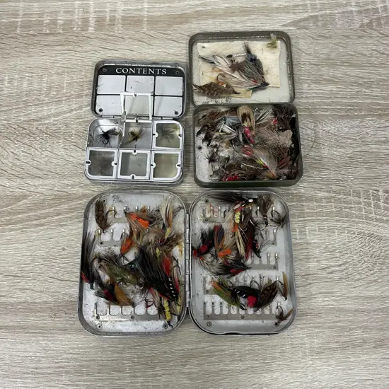 Assorted Vintage Feather Fishing Flys - in Aluminium cases