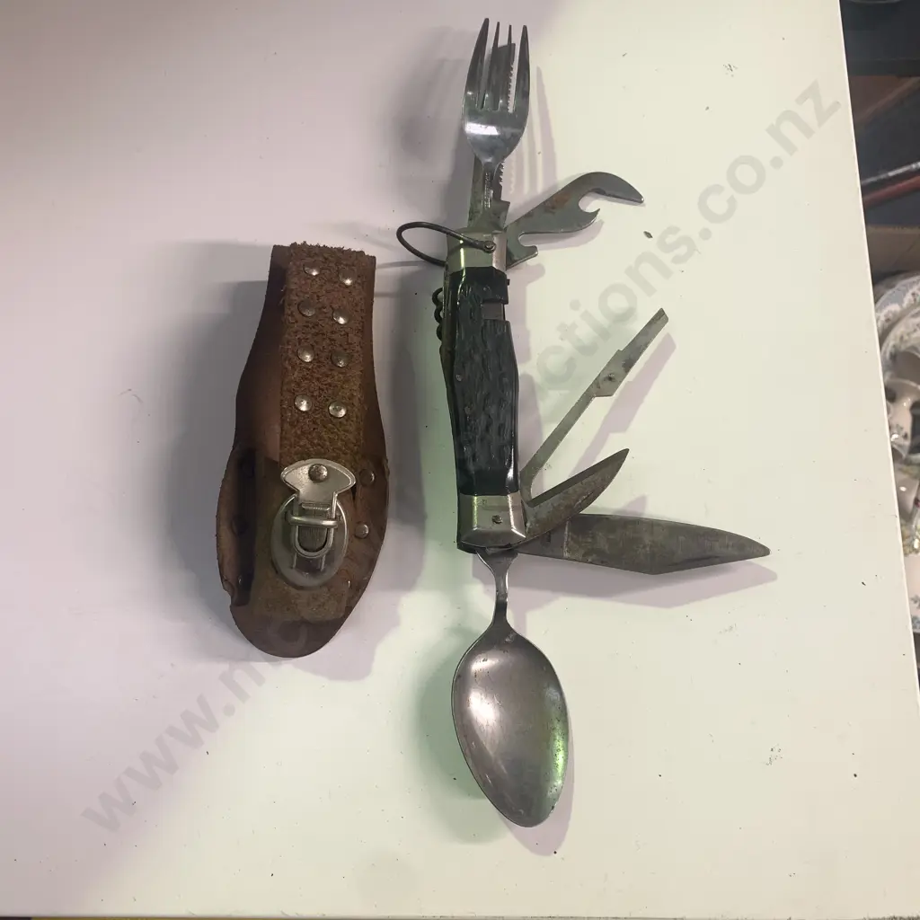 Vintage Japanese made Stainless Steel Utility Knife in leather holder with Bonus Leather Dagger Sheath with steel pin Image 1++