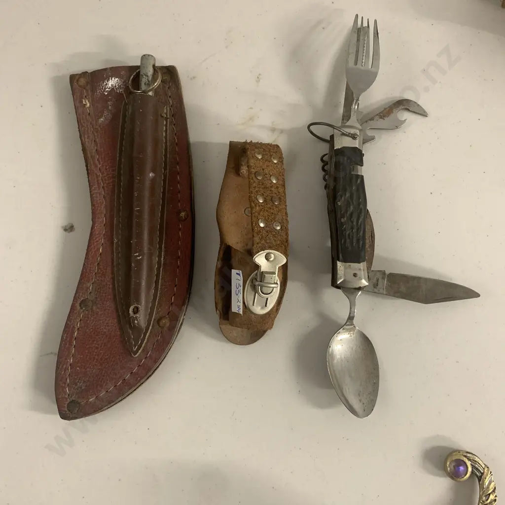 Vintage Japanese made Stainless Steel Utility Knife in leather holder with Bonus Leather Dagger Sheath with steel pin Image 1++